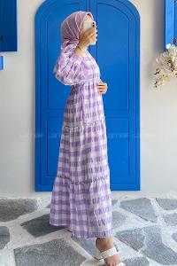 Modalamelif Balon Kol Bel ve Eteği Fırfırlı Kareli Elbise Lila