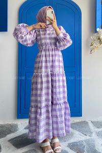 Modalamelif Balon Kol Bel ve Eteği Fırfırlı Kareli Elbise Lila