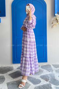 Modalamelif Balon Kol Bel ve Eteği Fırfırlı Kareli Elbise Lila