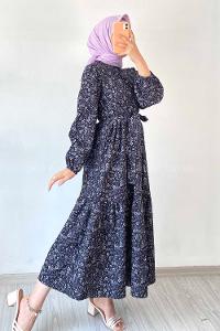 Modalamelif Beli Kuşak Detaylı Çiçek Desen Elbise Siyah