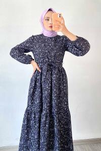 Modalamelif Beli Kuşak Detaylı Çiçek Desen Elbise Siyah