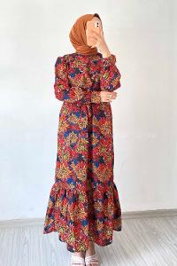 Modalamelif Beli Kuşak Detaylı Çiçek Desen Elbise Kırmızı