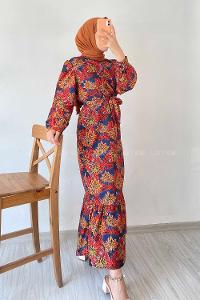 Modalamelif Beli Kuşak Detaylı Çiçek Desen Elbise Kırmızı