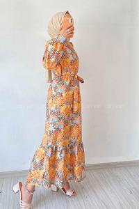 Modalamelif Beli Kuşak Detaylı Çiçek Desen Elbise Oranj