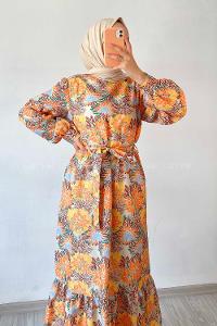 Modalamelif Beli Kuşak Detaylı Çiçek Desen Elbise Oranj