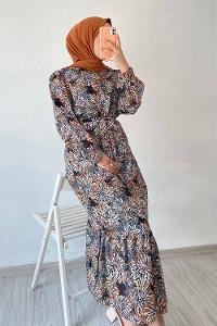 Modalamelif Beli Kuşak Detaylı Çiçek Desen Elbise Siyah