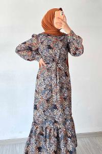 Modalamelif Beli Kuşak Detaylı Çiçek Desen Elbise Siyah