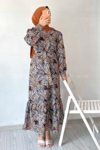 Modalamelif Beli Kuşak Detaylı Çiçek Desen Elbise Siyah