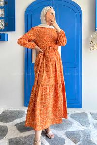 Modalamelif Beli Tunelli Papatya Desen Elbise Oranj