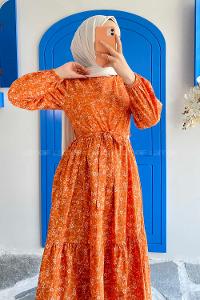Modalamelif Beli Tunelli Papatya Desen Elbise Oranj