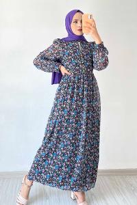 Modalamelif Neon Düğmeli Çiçek Modelli Şifon Elbise Mavi