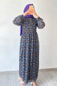 Modalamelif Neon Düğmeli Çiçek Modelli Şifon Elbise Mavi