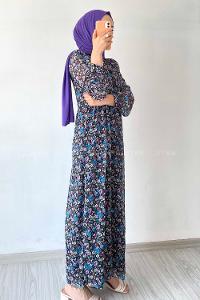 Modalamelif Neon Düğmeli Çiçek Modelli Şifon Elbise Mavi