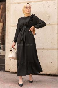 Modalamelif Omuz Fırfırlı Kuşaklı Elbise Siyah