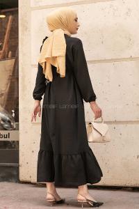 Modalamelif Omuz Fırfırlı Kuşaklı Elbise Siyah