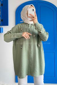 Modalamelif Önü Boydan Düğmeli Taş Detaylı Gömlek Çağla Yeşili