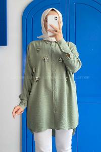 Modalamelif Önü Boydan Düğmeli Taş Detaylı Gömlek Çağla Yeşili