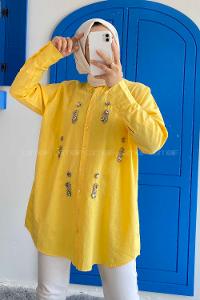 Modalamelif Önü Boydan Düğmeli Taş Detaylı Gömlek Sarı