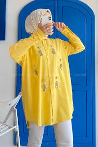 Modalamelif Önü Boydan Düğmeli Taş Detaylı Gömlek Sarı