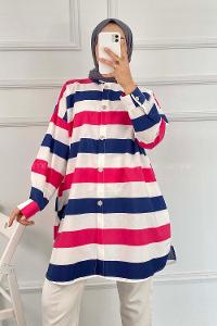 Modalamelif Önü Düğmeli Şerit Modelli Çokrenkli Tunik İndigo-Pembe