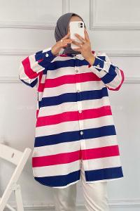 Modalamelif Önü Düğmeli Şerit Modelli Çokrenkli Tunik İndigo-Pembe