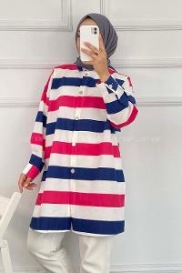 Modalamelif Önü Düğmeli Şerit Modelli Çokrenkli Tunik İndigo-Pembe