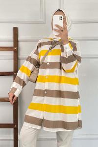 Modalamelif Önü Düğmeli Şerit Modelli Çokrenkli Tunik Kahverengi-Sarı