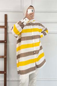 Modalamelif Önü Düğmeli Şerit Modelli Çokrenkli Tunik Kahverengi-Sarı