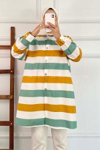 Modalamelif Önü Düğmeli Şerit Modelli Çokrenkli Tunik Turuncu-Çağla Yeşili