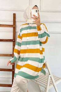 Modalamelif Önü Düğmeli Şerit Modelli Çokrenkli Tunik Turuncu-Çağla Yeşili