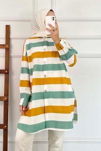 Modalamelif Önü Düğmeli Şerit Modelli Çokrenkli Tunik Turuncu-Çağla Yeşili