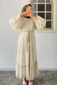 Modalamelif Puanlı Balon Kollu Şifon Elbise Krem