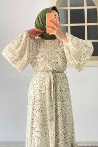 Modalamelif Puanlı Balon Kollu Şifon Elbise Krem