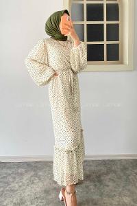 Modalamelif Puanlı Balon Kollu Şifon Elbise Krem