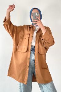 Lamelif Bombe Cepli Gabardin Gömlek Camel