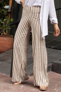 Modalamelif  Büzgülü Çizgi Desen Pantolon Krem-Siyah