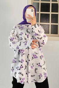 Modalamelif Çiçek Baskı Detaylı Gofre Gömlek Lila