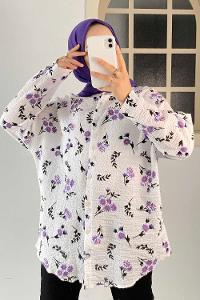 Modalamelif Çiçek Baskı Detaylı Gofre Gömlek Lila
