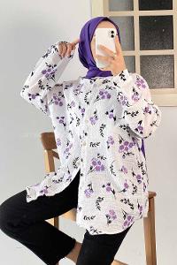 Modalamelif Çiçek Baskı Detaylı Gofre Gömlek Lila