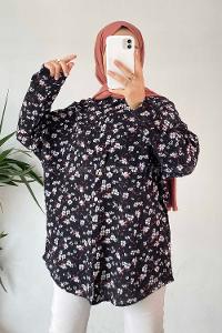 Modalamelif Çiçek Baskı Detaylı Gofre Gömlek Siyah
