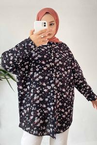 Modalamelif Çiçek Baskı Detaylı Gofre Gömlek Siyah