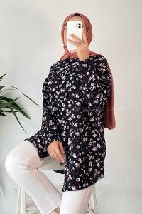 Modalamelif Çiçek Baskı Detaylı Gofre Gömlek Siyah