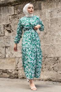 Modalamelif Çiçek Desen Kuşak Bağlamalı Elbise Yeşil