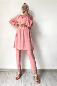 Modalamelif Hasır Kemerli Kolu Lastikli İkili Takım Pembe