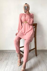 Modalamelif Hasır Kemerli Kolu Lastikli İkili Takım Pembe