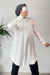 Modalamelif Ön Tek Cep Taş Detaylı Gömlek Ekru