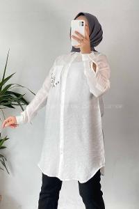 Modalamelif Ön Tek Cep Taş Detaylı Gömlek Ekru