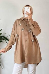 Modalamelif Önü Boydan Düğmeli Taş Detaylı Gömlek Camel