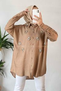 Modalamelif Önü Boydan Düğmeli Taş Detaylı Gömlek Camel