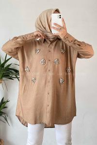 Modalamelif Önü Boydan Düğmeli Taş Detaylı Gömlek Camel
